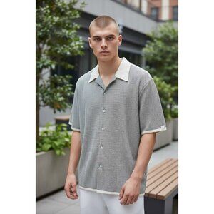 Rag & Bone Norton Knit Camp Shirt Gray White Short Sleeve Button Up Men’s M